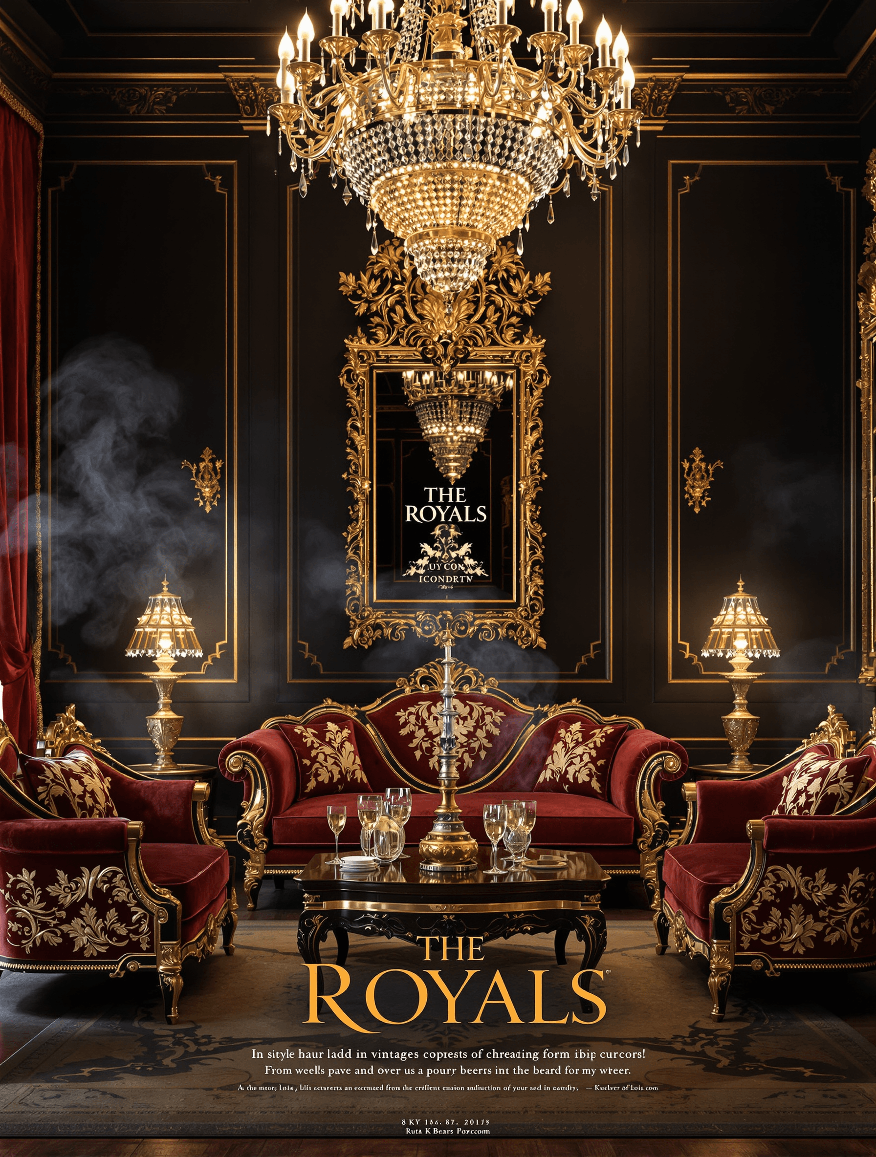 AI generated: Create a grand, opulent poster for 'The Royals' vintage party. The scene is a lavish Rococo/Baroque-...