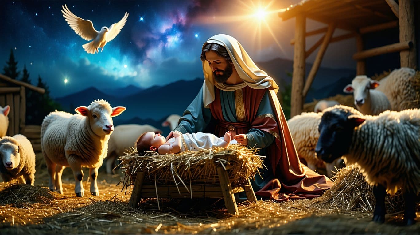 AI generated: Christmas Nativity scene. Baby Jesus on top of the manger. Mary and Joseph beside the manger. Shephe...