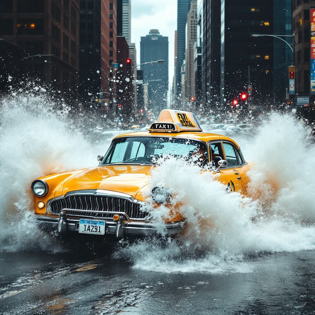 AI generated: a yellow cab car driving throw the water,cool,gowing,--ar,7v 8;75fgt .5qtsjgckba----fwr
