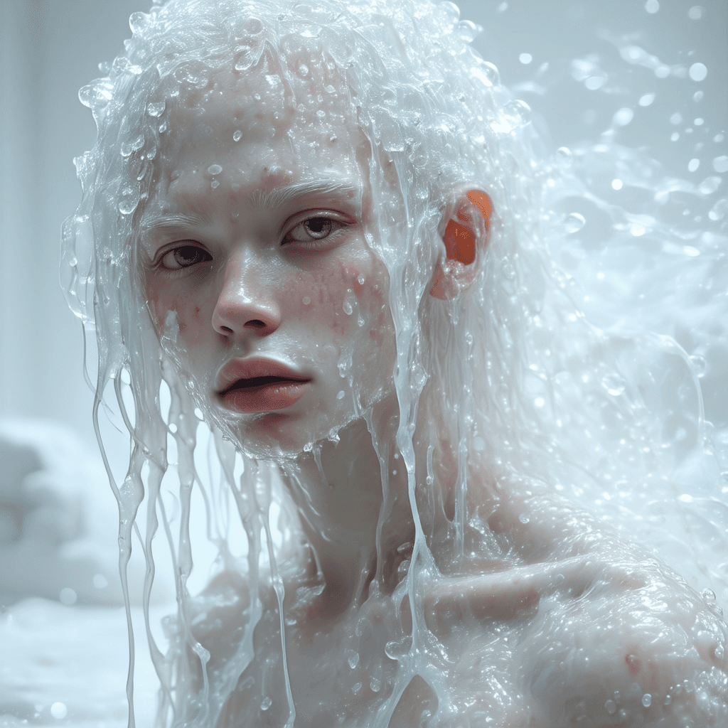 AI generated: a stylized artistic representation of a person with pale skin, light blonde hair, and closed eyes. T...