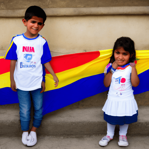 AI generated: Dos niños colombianos de 12 años sonriendo y mirando al frente. La niña lleva una blusa blanca con l...