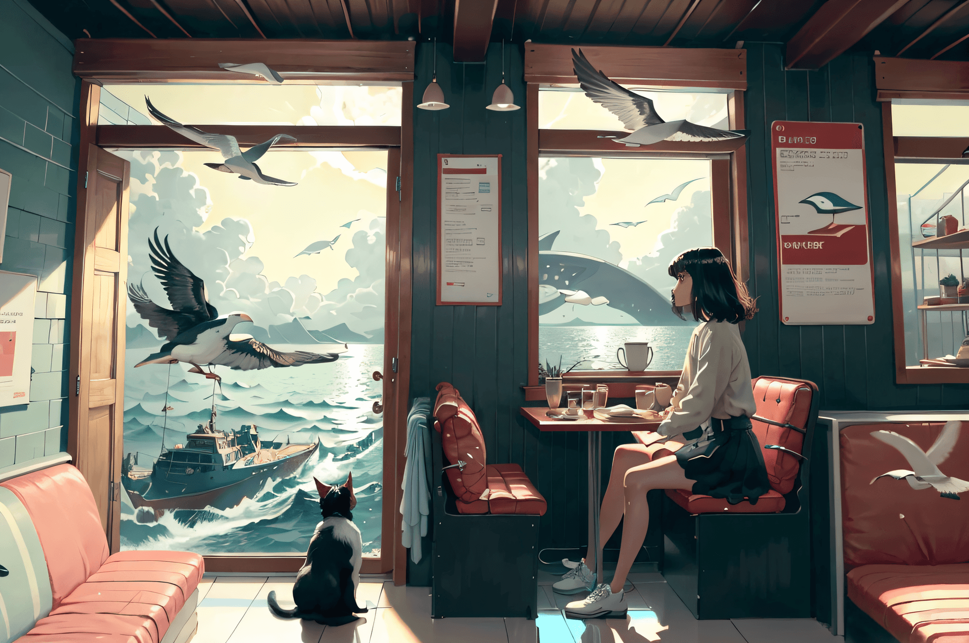 AI generated: ((1girl)), cat, surreal, coffee shop, fantasy, dreamy, sea, seagull, flying whale, flying elephant, ...