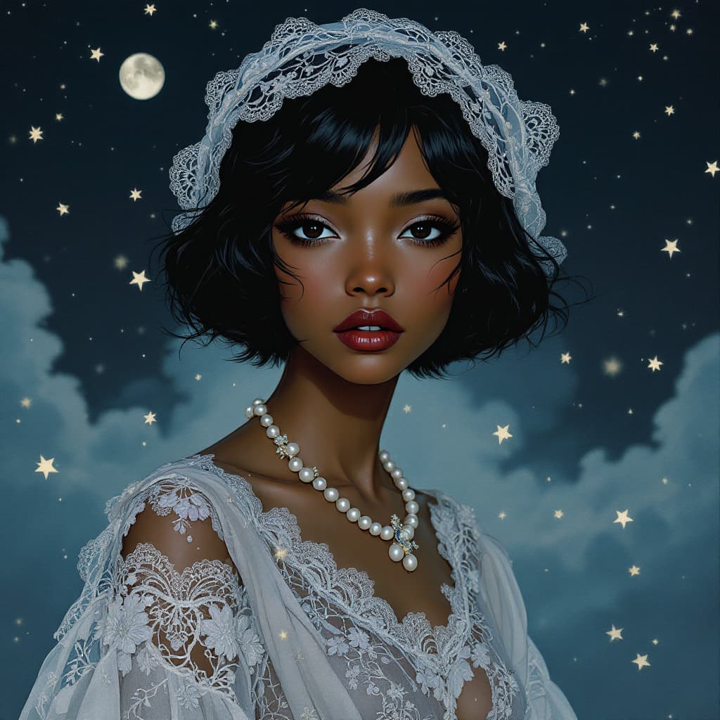 AI generated: Manhwa style. Nighttime, (1920s, Art Nouveau). A portrayal of a youthful lady embodying grace, innoc...