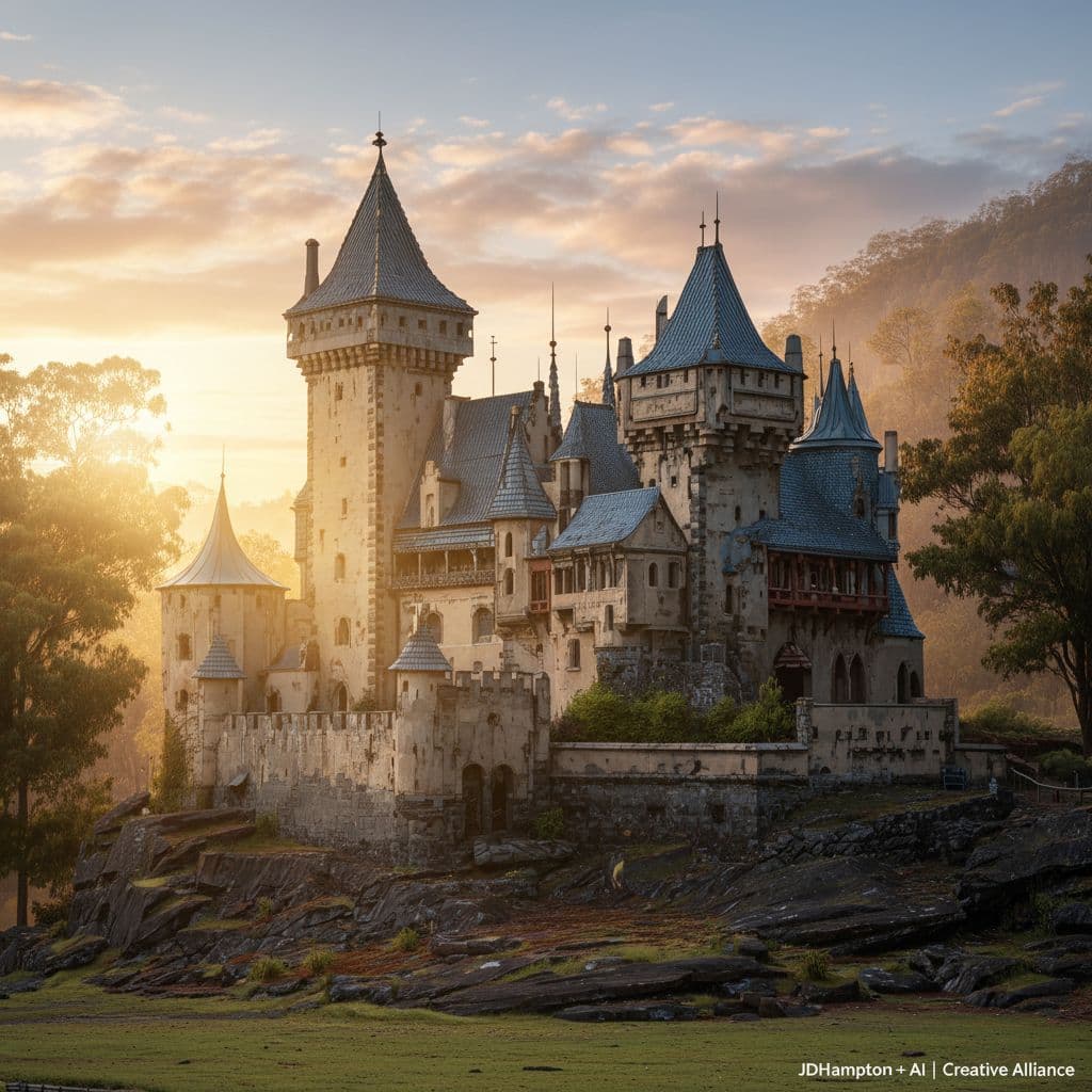 AI generated: Early morning sunrise a beautiful amazing castle similar to the very amazing Karlstein Castle that w...