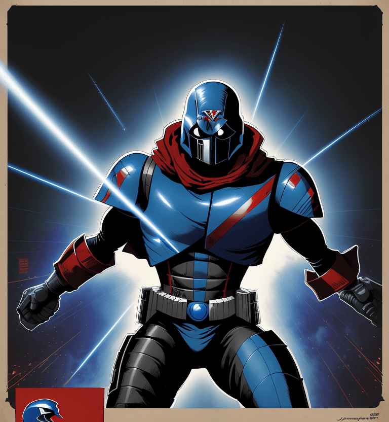 AI generated: cyborg cobra commander shooting from large laser cannon illustration, mysterious, rectangular border...