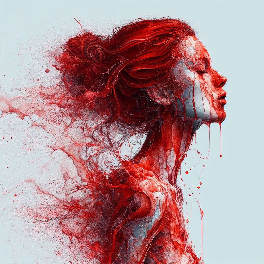 AI generated: A half body portrait of a woman made of blood, half body is submerged in blood, red hair depicting a...