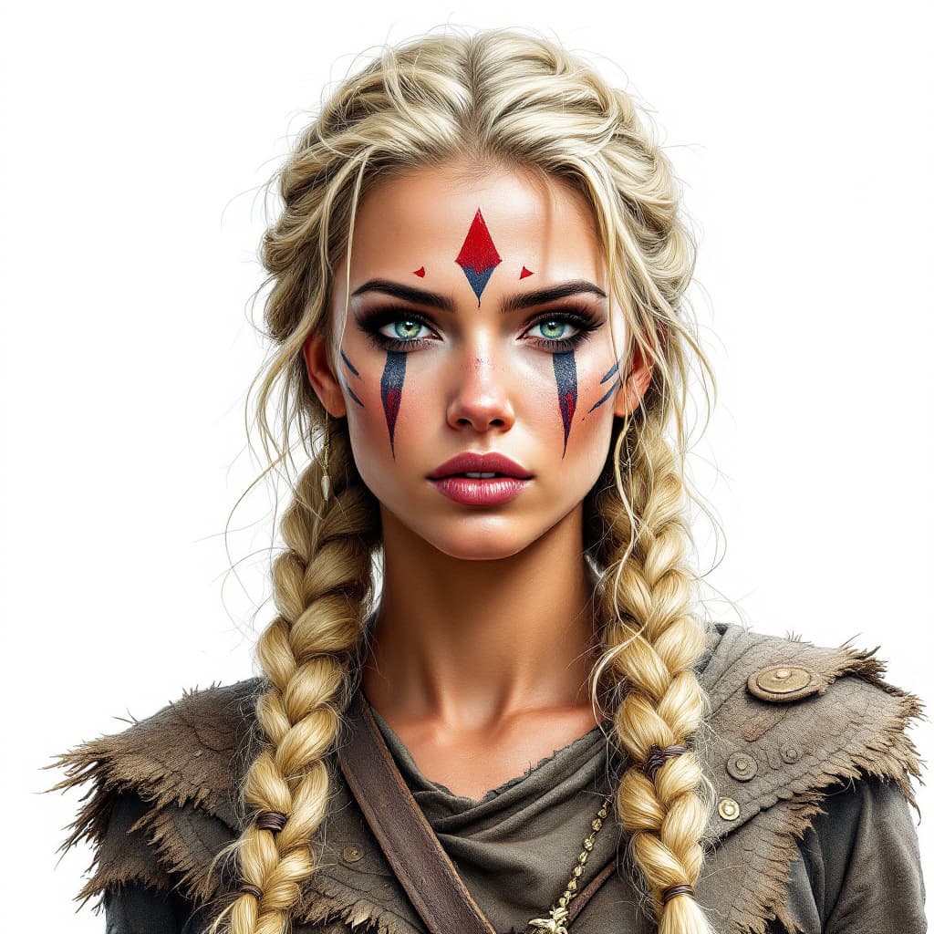 AI generated: Color drawing of a Viking warrior woman with braided hair in the style of Frank Frazetta, wearing wa...