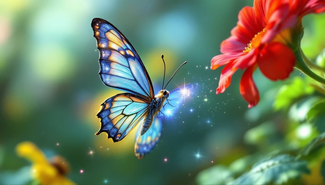 AI generated: "Show a close-up 3D animated view of a shimmering butterfly with intricate, multicolored wings. It f...