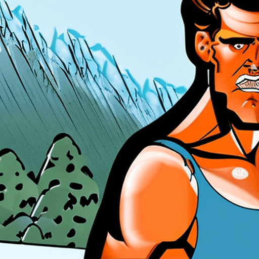 AI generated: Illustration a man big musclee in the mountains , it is early morning,beautiful eyes, beautiful shad...