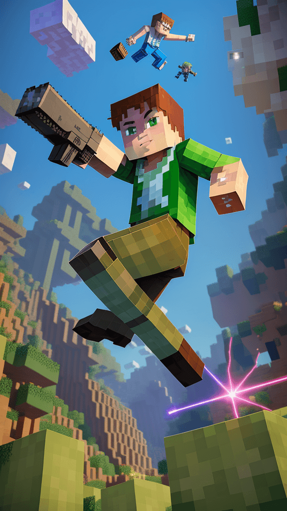 AI generated: (style: minecraft)(character: boy)(action: jumping)(action: shooting a laser gun)(action: feet of th...