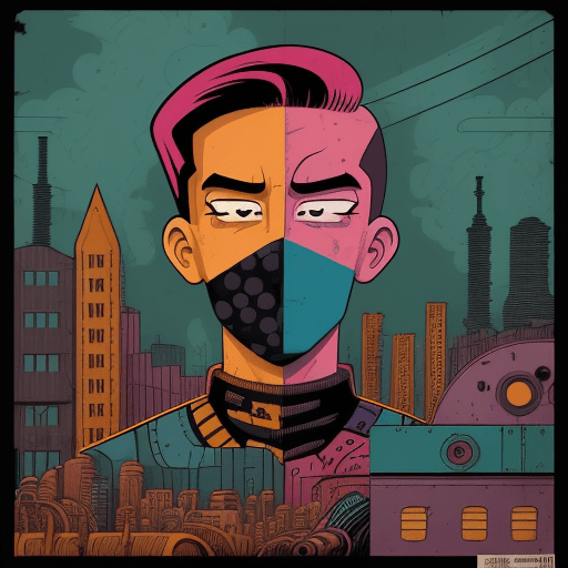 AI generated: cartoon with a colorful face surrounded by a city, in the style of tim doyle, industrial forms, pack...