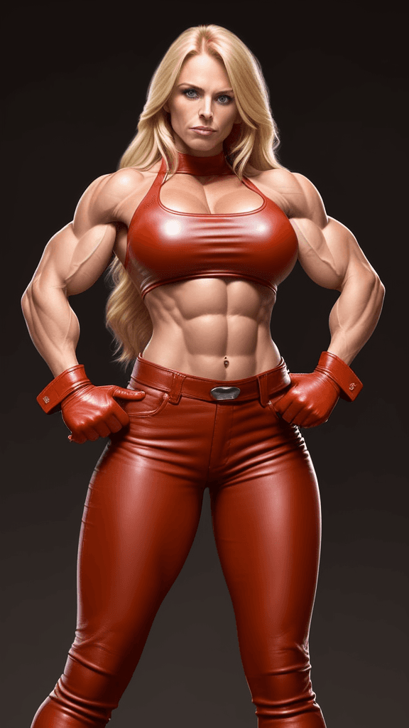 AI generated: 30 year old very strong  muscular woman, toned biceps, long blonde hair, wears red leather pants, we...