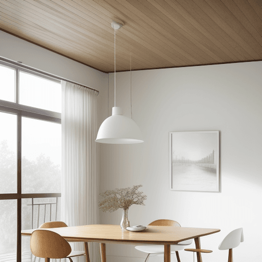 AI generated: Photography, home, mid-century, cloudy, creating a warm and inviting white atmosphere, an oak wood t...
