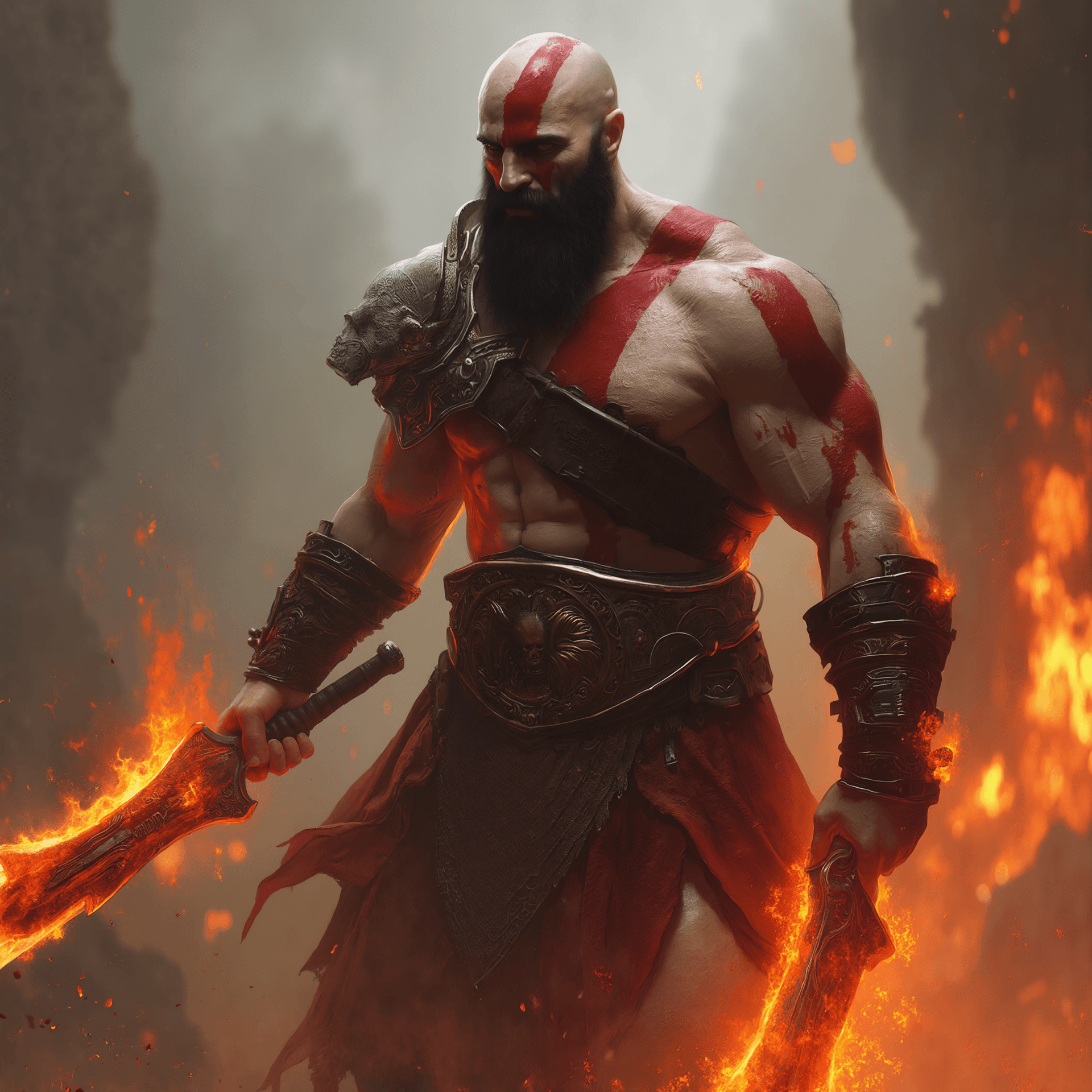AI generated: kratos, god of war, fighting off zeus, battle of olympus, small compact blades made of fire and lava