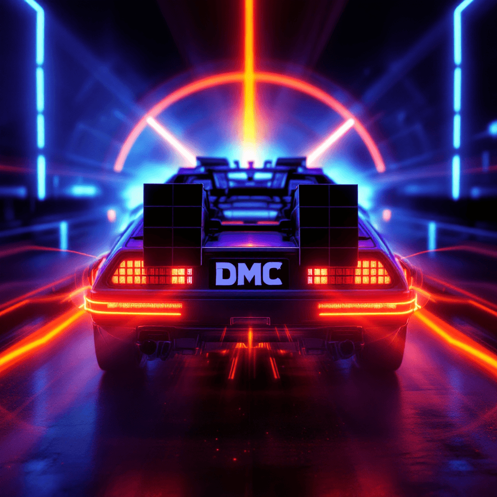 AI generated: An image for back to the future day, october 21 2015. Made in neon, with a close up of the dmc logo ...