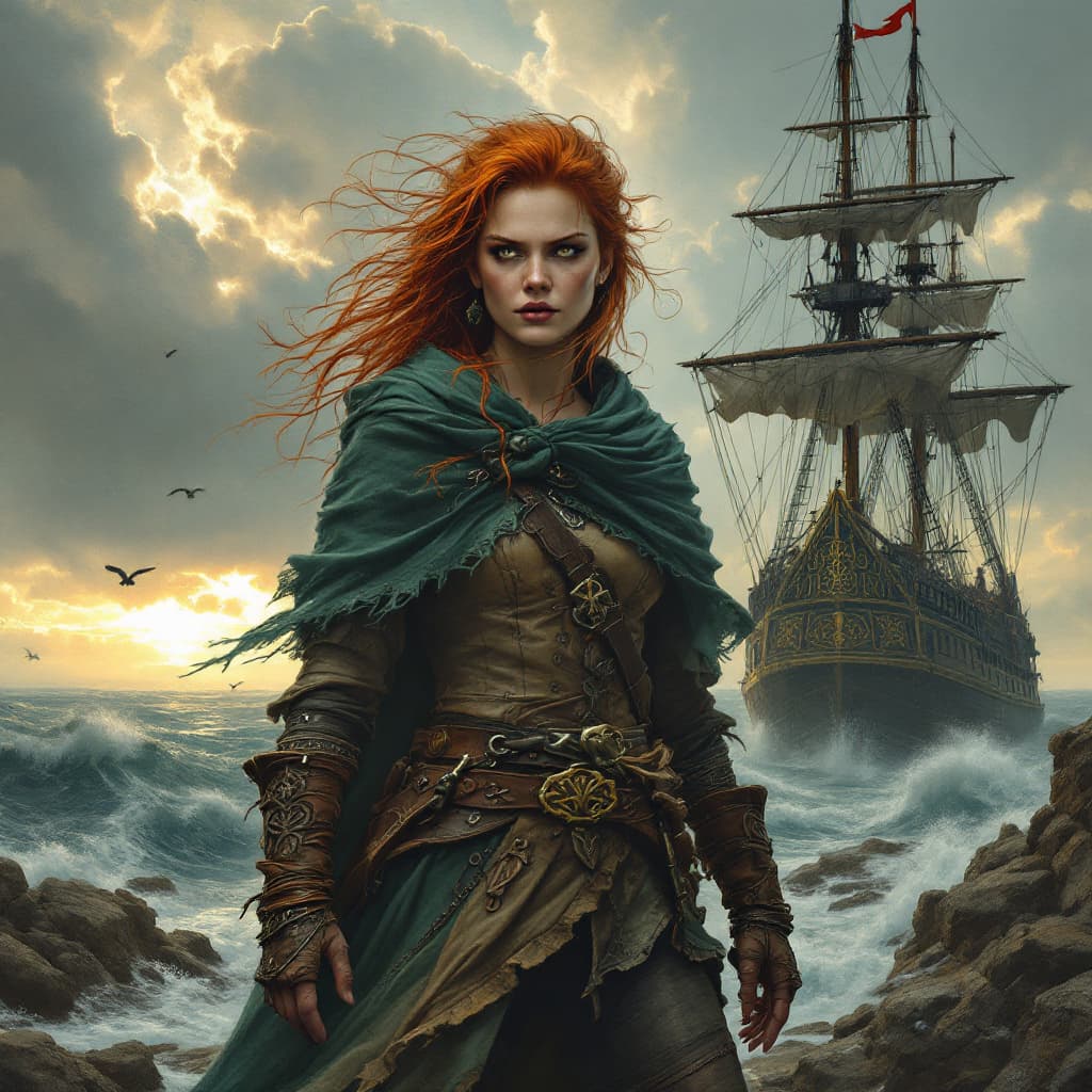 AI generated: Gráinne O'Malley, the legendary Irish pirate queen, stands defiantly at her rugged sea port, her sta...