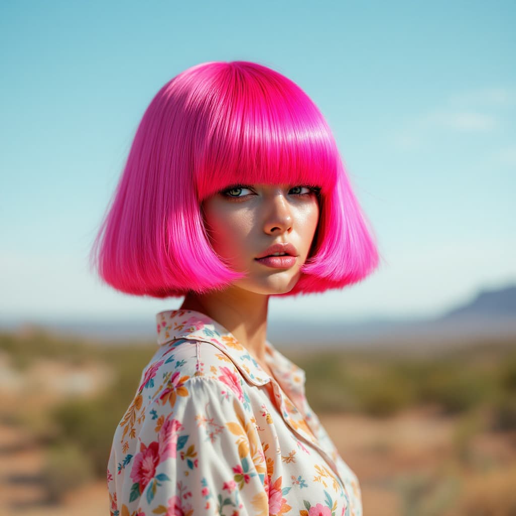 AI generated: a portrait photorealistic of a woman with huge pink haircut with bangs that covers her eyes and face...