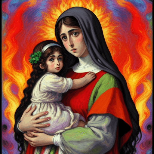 AI generated: mother of jesus, Parallel World, caricature in Claude Monet style, Futuristic, psychedelic, Fire Ton...