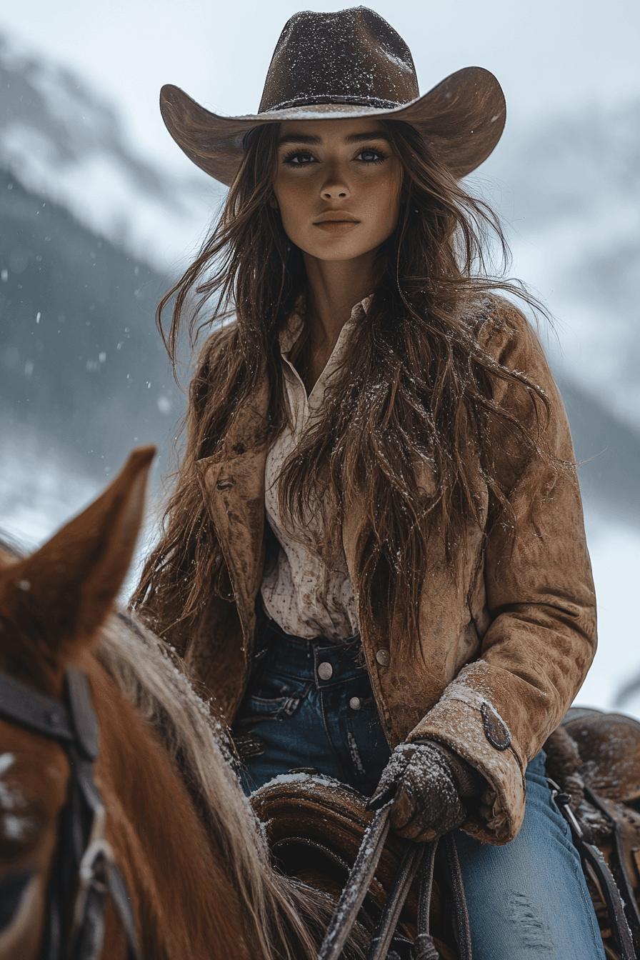 AI generated: tall brunette riding a horse in front of epic snow-capped Rocky Mountains. She is gorgeous, wearing ...