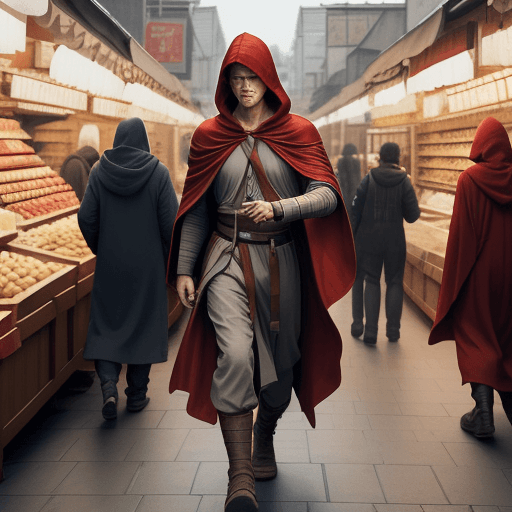 AI generated:  A serious and brave men jedi walking through a market in tooran , wearing a  red hooded robe--ar 4:...