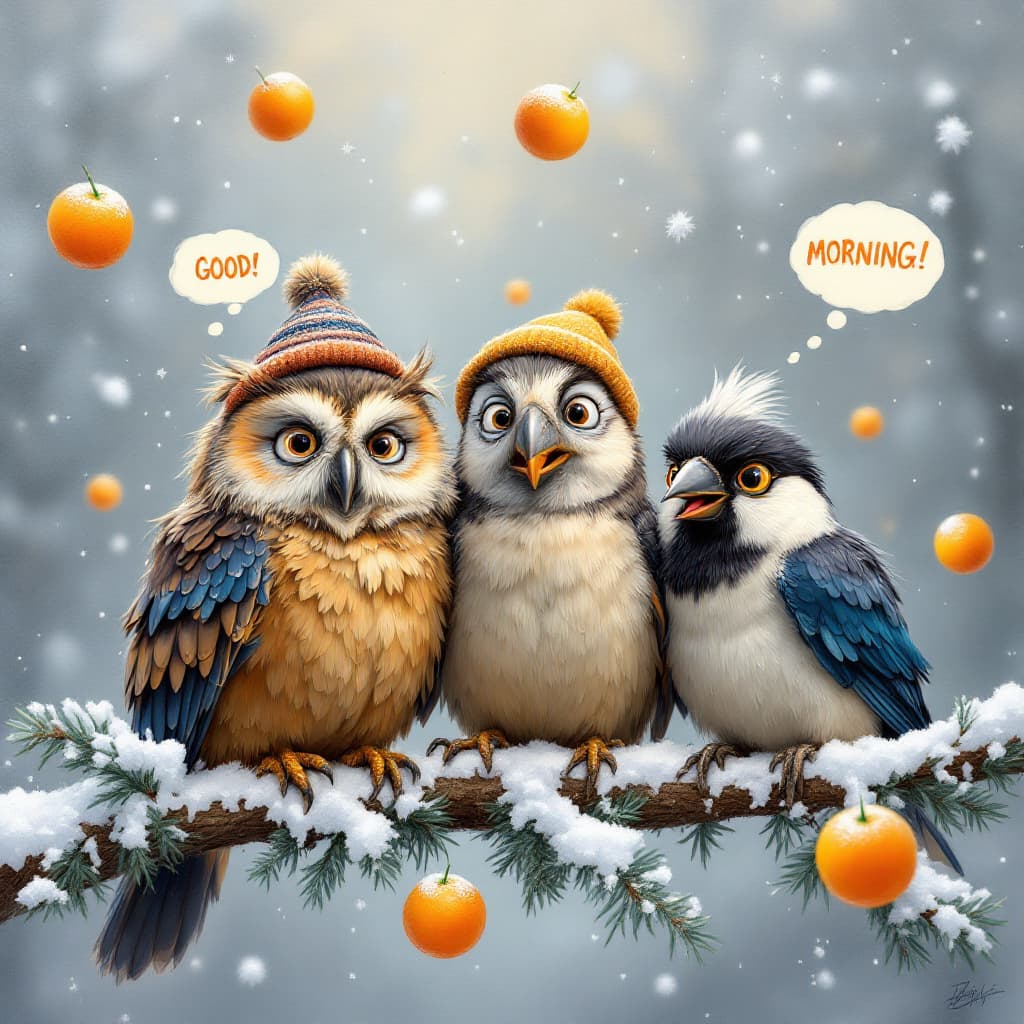 AI generated: Airbrushed oil painting in Disney Pixar style depicting three funny cartoon birds - an owl, a parrot...