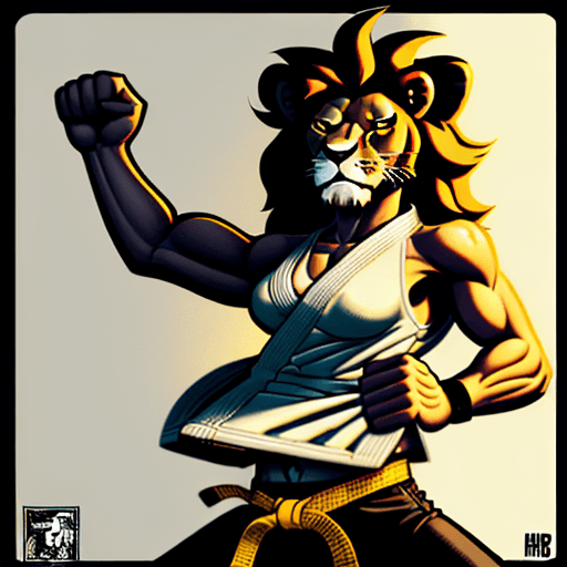 AI generated: illustration of lion, waist up, wearing a jiu-jitsu gi with a black belt, mcbess, keith haring, tank...