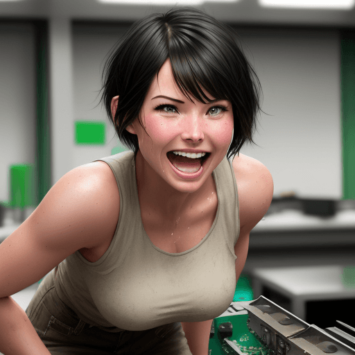 AI generated: ((Olivia Munn)) in a bitcoin mining lab, short hair with bangs, she is laughing, she is sweaty, 