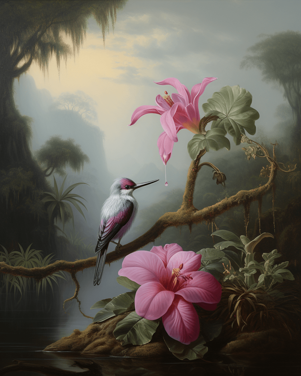 AI generated: In the foreground, an orchid in full bloom with pink petals and green leaves is depicted against the...