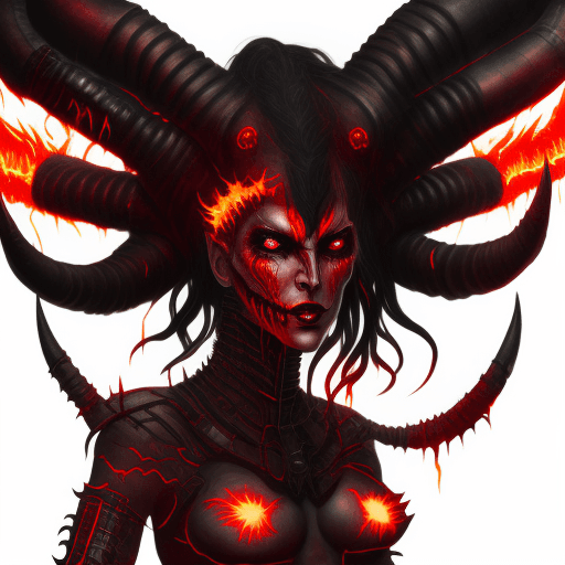 AI generated: Cybernetic demon woman with large ram horns on her head and bits of black metal poking through her r...