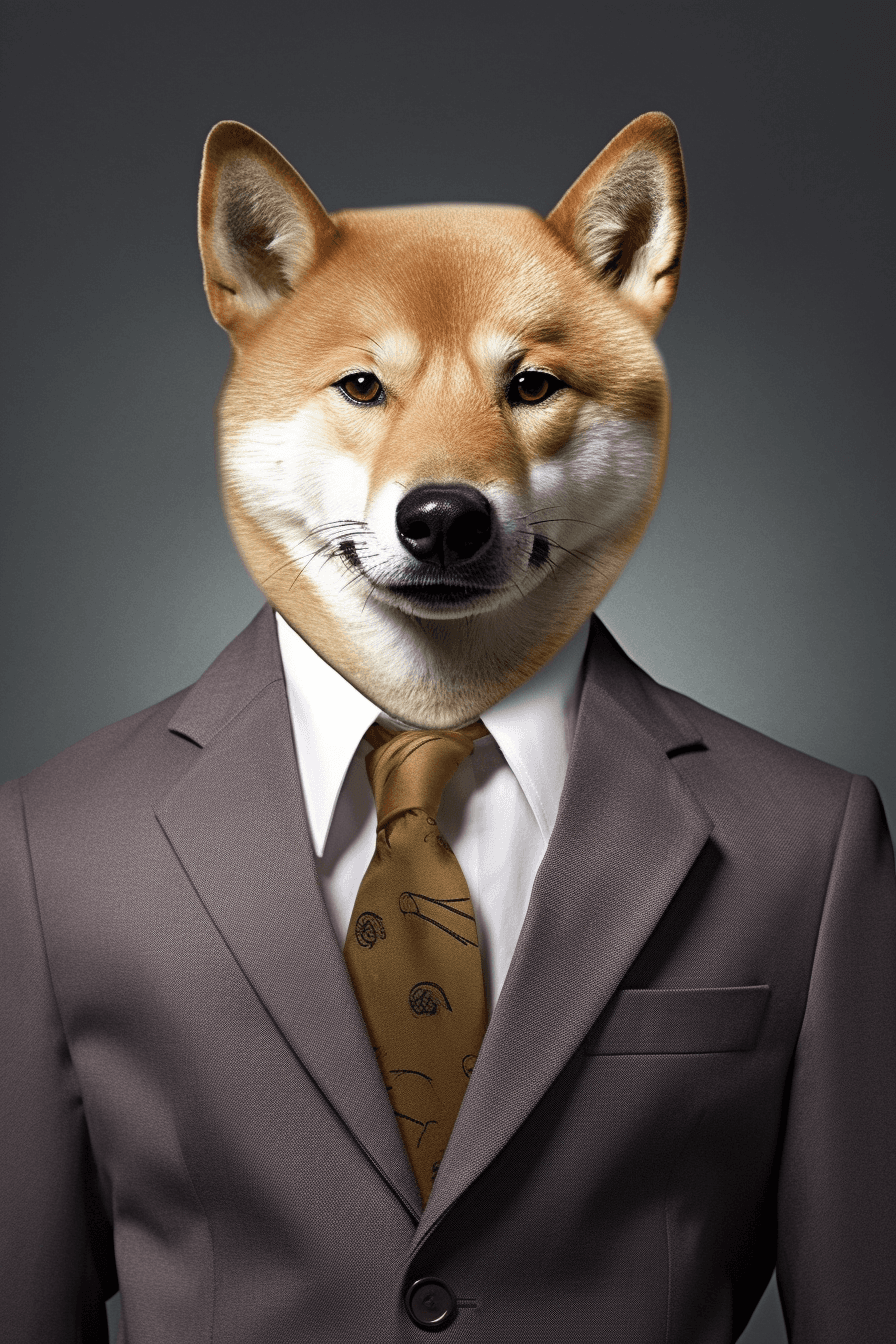 AI generated: businessman with a photorealistic Shiba Inu dog's head:: 2 poses in shirt and jacket smilling, life ...