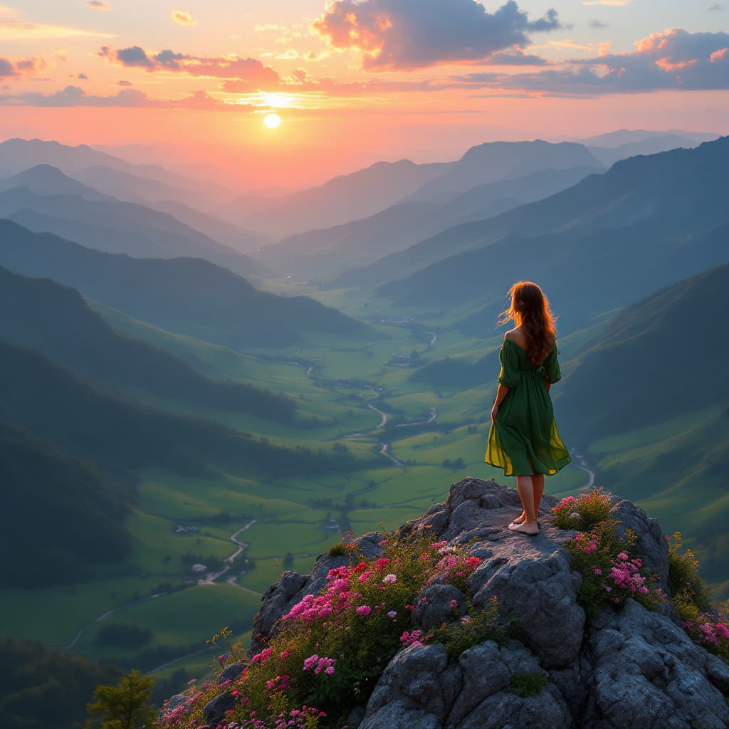 AI generated: An image of a a lady in a loose green dress high up near the peak of a mountain. The environment is ...