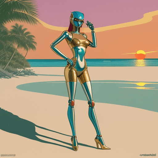 AI generated: 80s chrome and steel Retro Sunset,  golgen hot robot girl in bikini, full body, hot pose, water, gol...