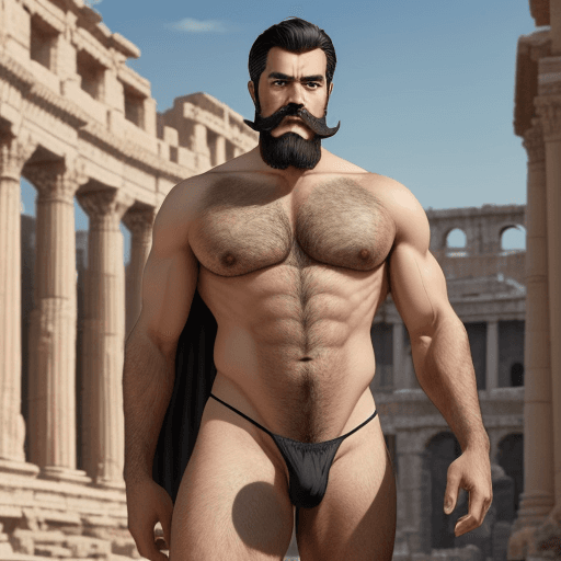 AI generated: Mature man, mustache beard, black hair, green thong, hairy, handsome, muscular, head to toe photo, s...