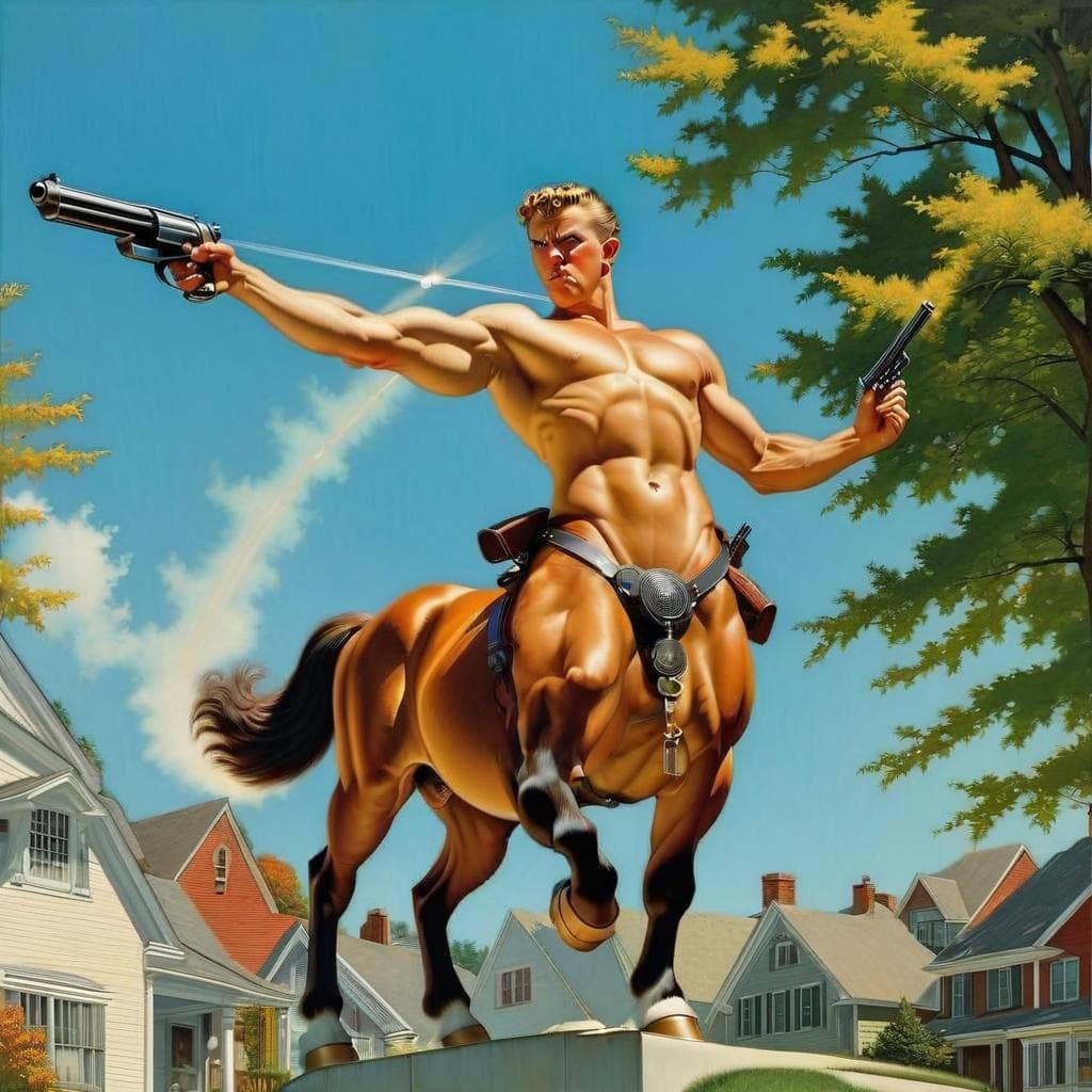 AI generated: angry suburban (Chiron the centaur:1.3) pointing a gun on suburban street, dynamic action, action po...