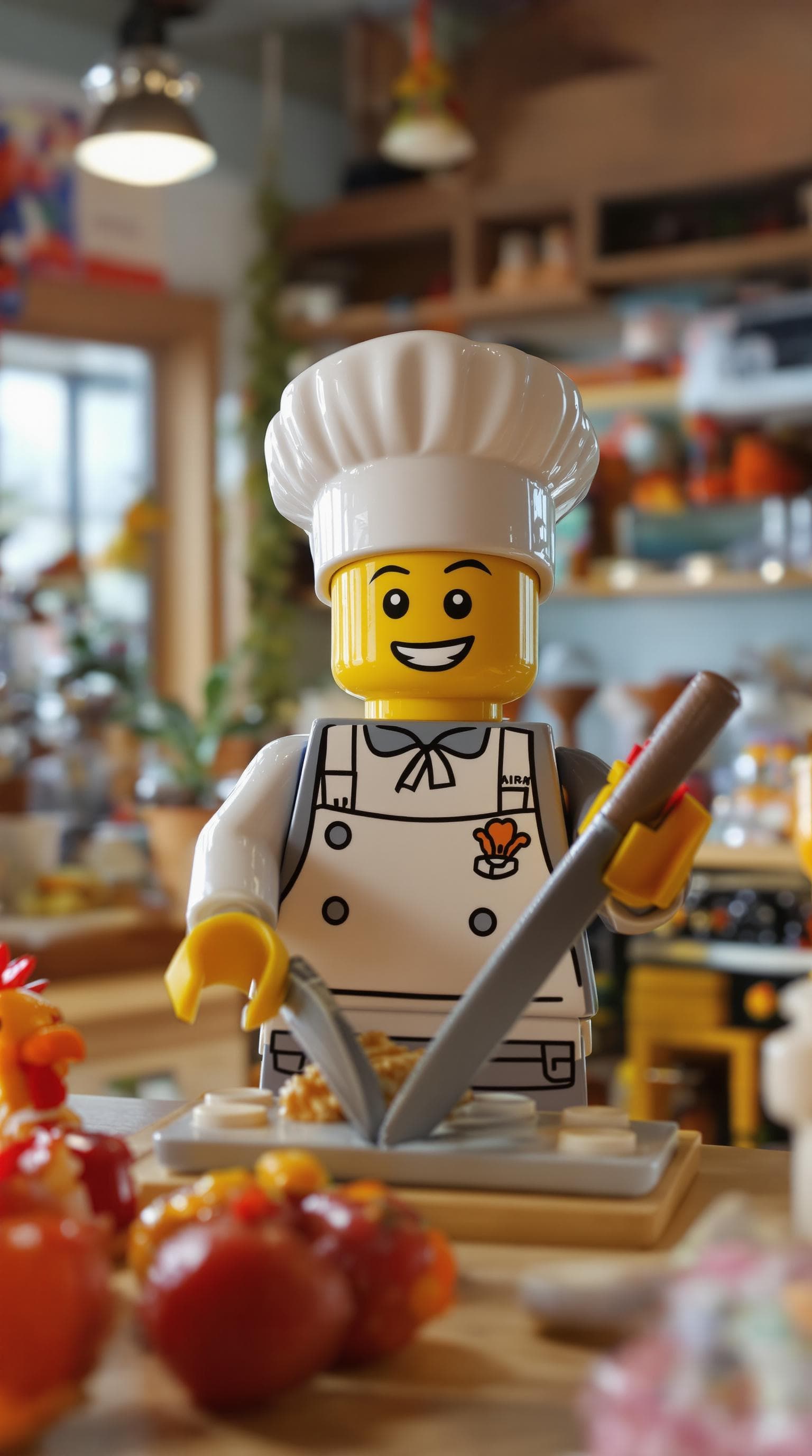 AI generated: A LEGO character dressed in A CHEFS OUTFIT IN A BRIGHT AIRY KITCHEN CHOPPING UP A CHICKEN