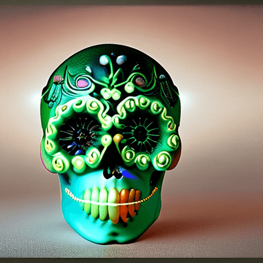 AI generated: highly detailed iridescent agate and jade sculpture of a sugar skull, day of the dead, volumetric fo...