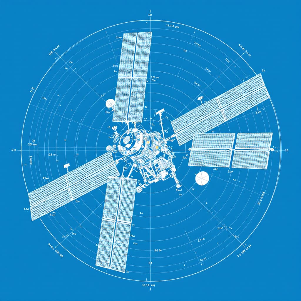 AI generated: 23.	“A technical drawing of a satellite in orbit, blue background with precise measurement lines, so...