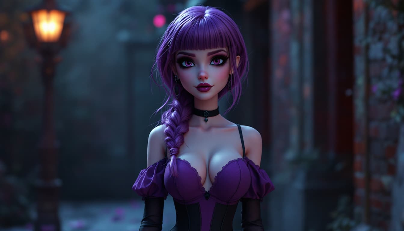 AI generated: a 3d cartoon goth girl aesthetic, Daphne from scooby-doo, a woman wearing a two toned purple dress, ...