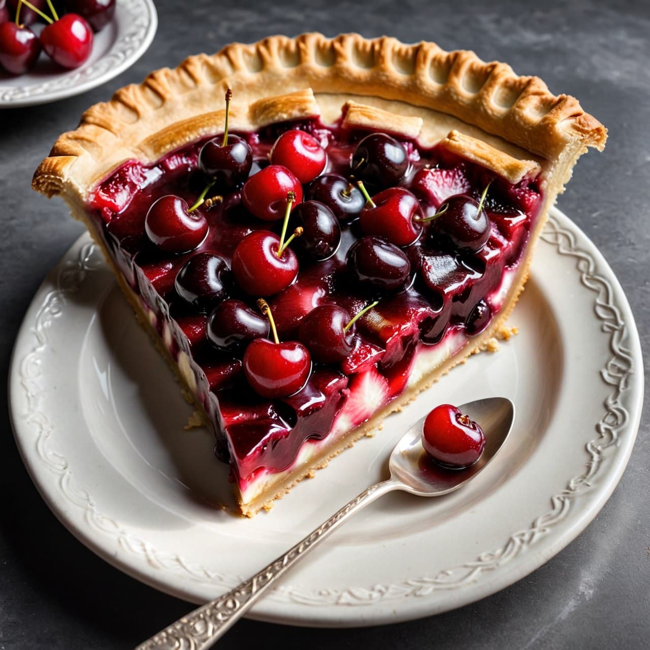 AI generated: (masterpiece), a beautiful slice of cherry pie, godly light, yummy, little spoon, ultra realistic, H...