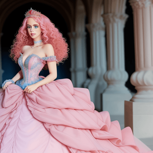 AI generated: pink ball gown ruffle dress, running down in a castle while holding the dress, pink heels detailed i...