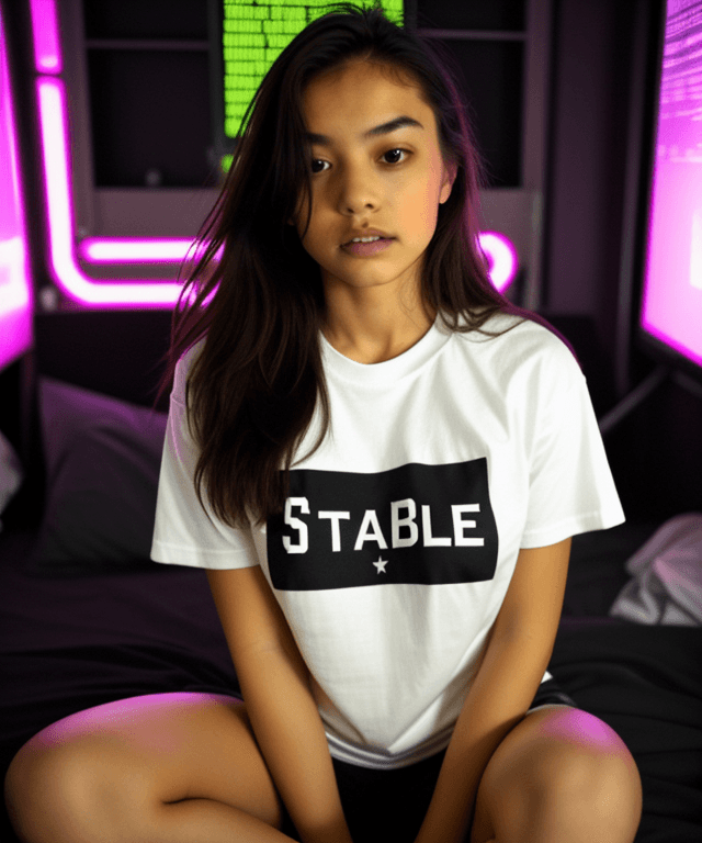 AI generated: (letters "STABLE" on t-shirt), a girl sitting, (medium closeup:0.6), long hair, cyberpunk room,(larg...
