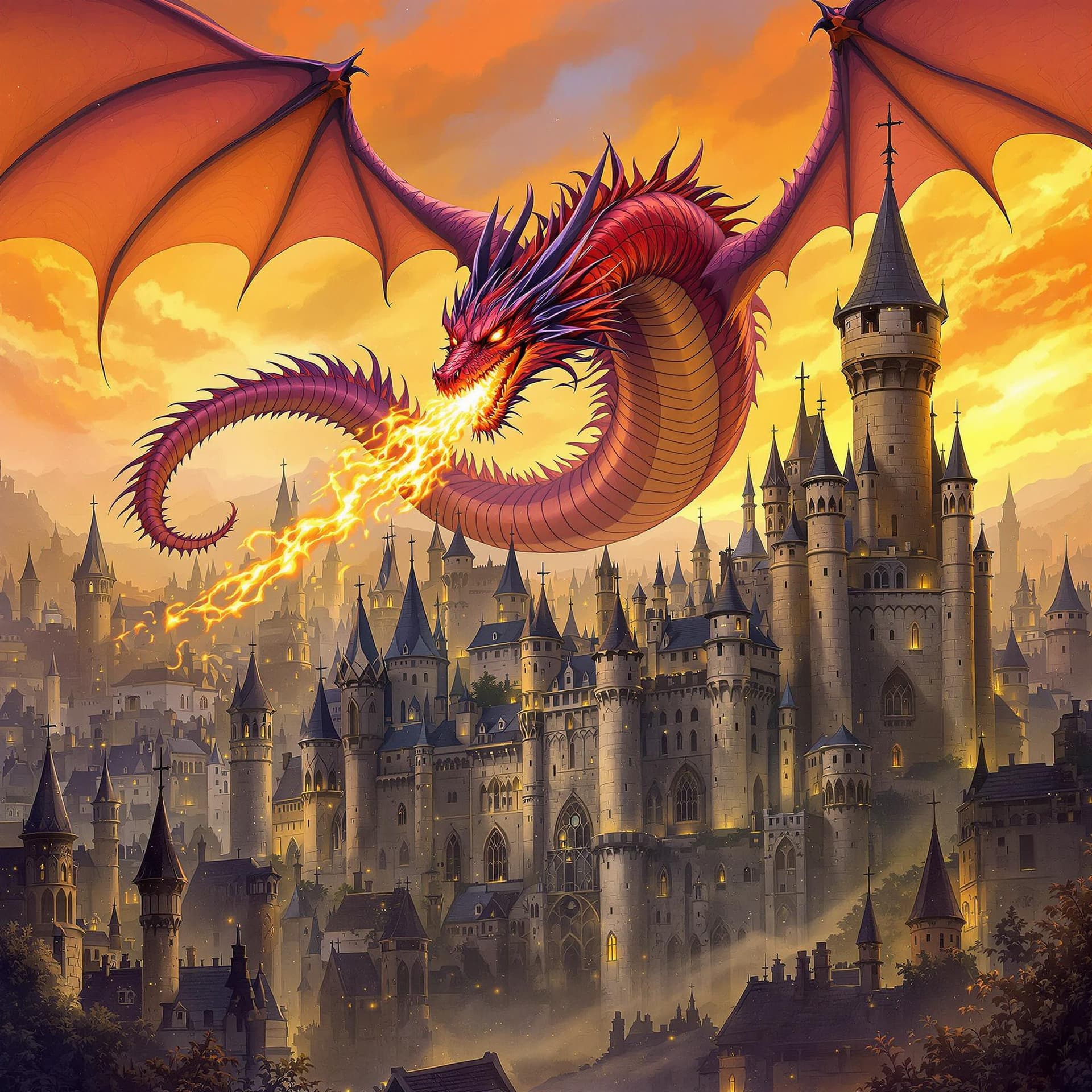 AI generated: a realistic red and purple dragon is soaring over an ancient castle. The dragon is breathing fire on...