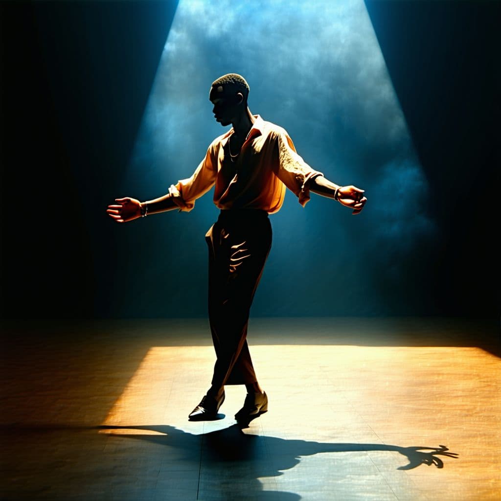 AI generated: a handsome young Black man dancing alone on an empty dance floor, holding his hands as if guiding an...