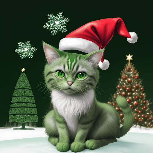 AI generated: A green cat resembling the Grinch character, wearing a Christmas hat, surrounded by snowflakes, with...