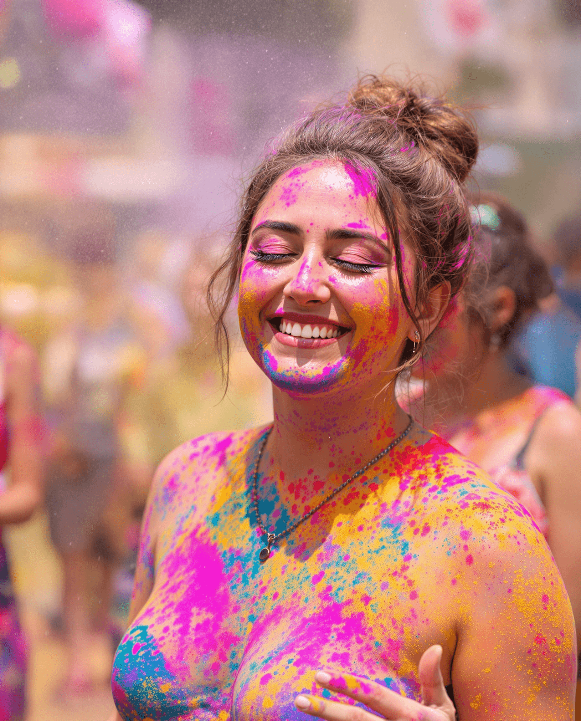AI generated: A portrait photoshoot of keeley hazell natural pose, at the vibrant Indian Holi festival. she has an...