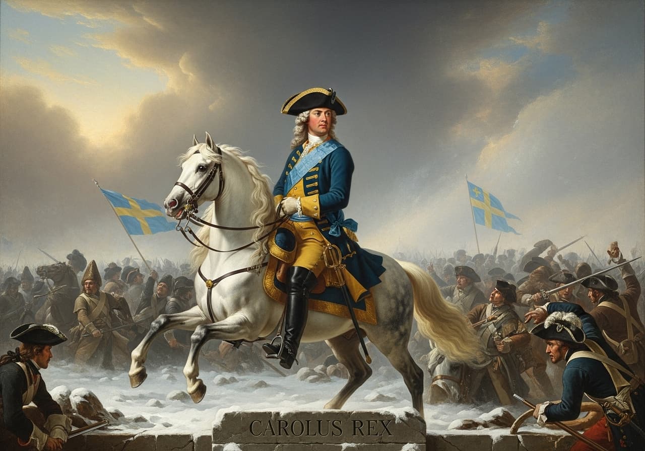 AI generated: Paint Swedish King ,,Karl XII (CAROLUS REX) in 1700 at the battle of narva ,majestic,blue swedish ba...
