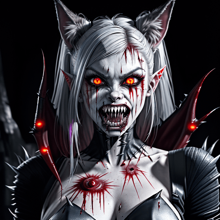 AI generated: full body beatiful female portrait (blood-soaked, pointy ears, werewolf, cyberpunk, vampire, (glowin...