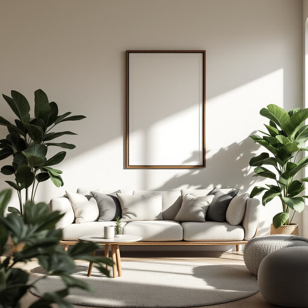 AI generated: A realistic, minimalistic living room with modern furniture in neutral tones, complemented by lush, ...