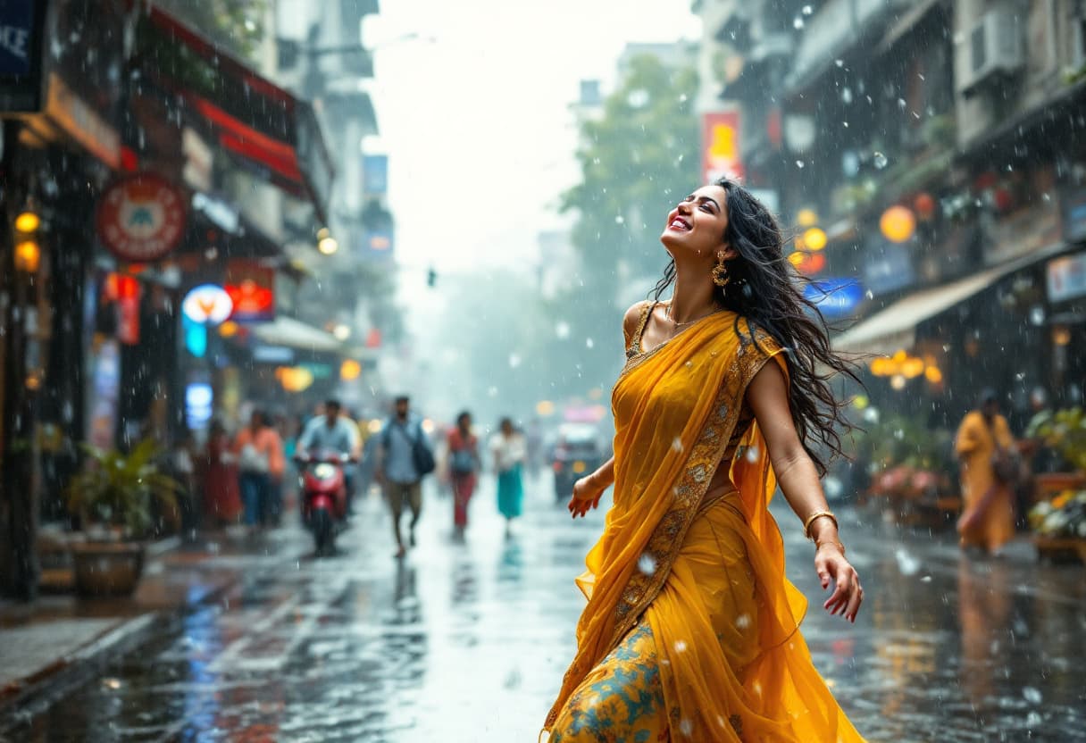 AI generated: An image depicting the metaphor of life as Indian girl dancing in the rain. Show a joyful and confid...
