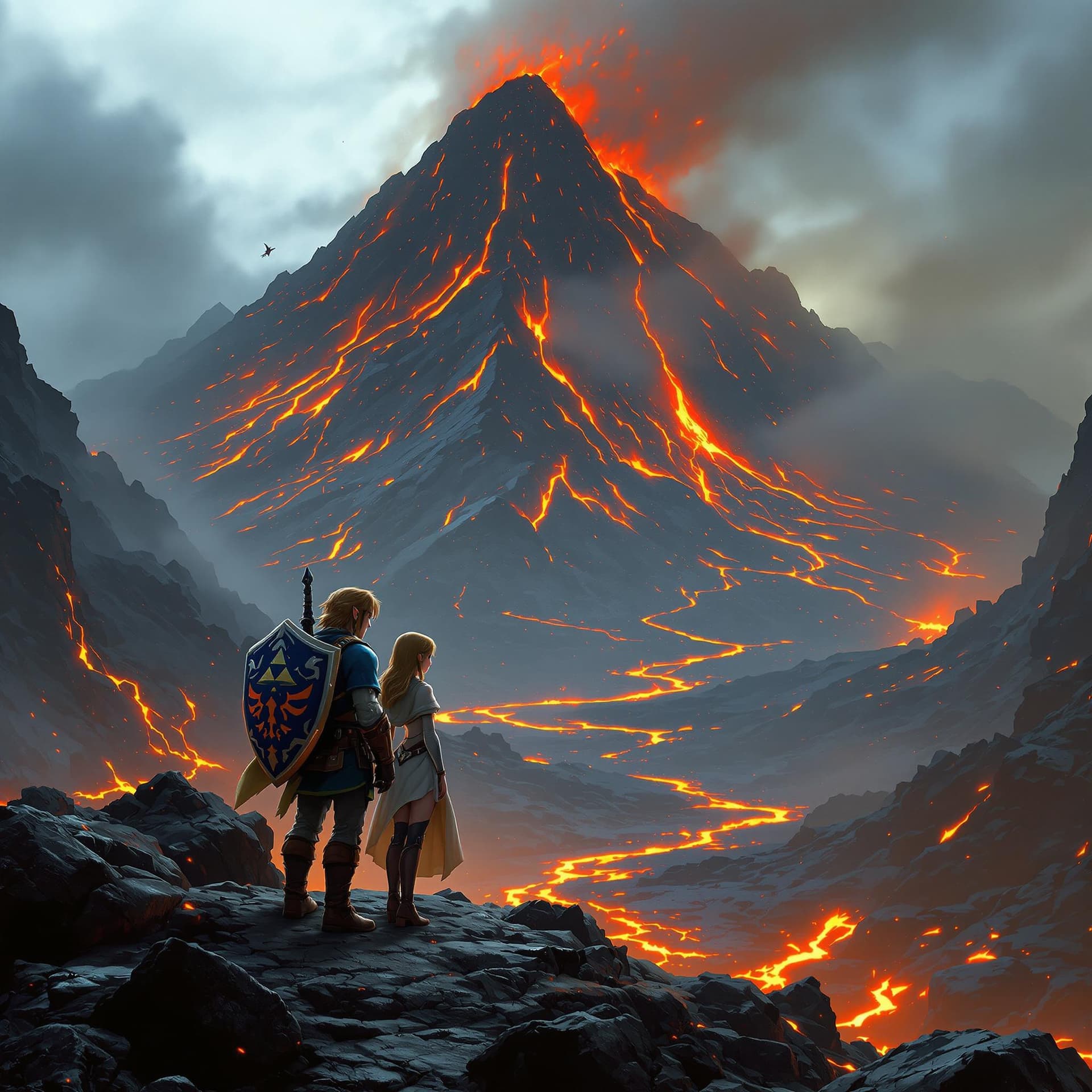 AI generated: Create a hyper-realistic scene of Link and Princess Zelda standing together near the edge of Death M...